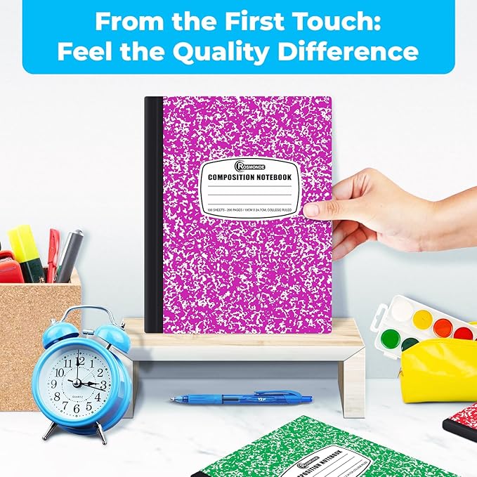 Rosmonde 12 Pack Bulk Composition Notebooks College Ruled, 200 Pages (100 Sheets), 9-3/4 x 7-1/2, Hard Cover College Ruled Notebooks, Assorted Colors Composition Notebook For School, Colors May Repeat