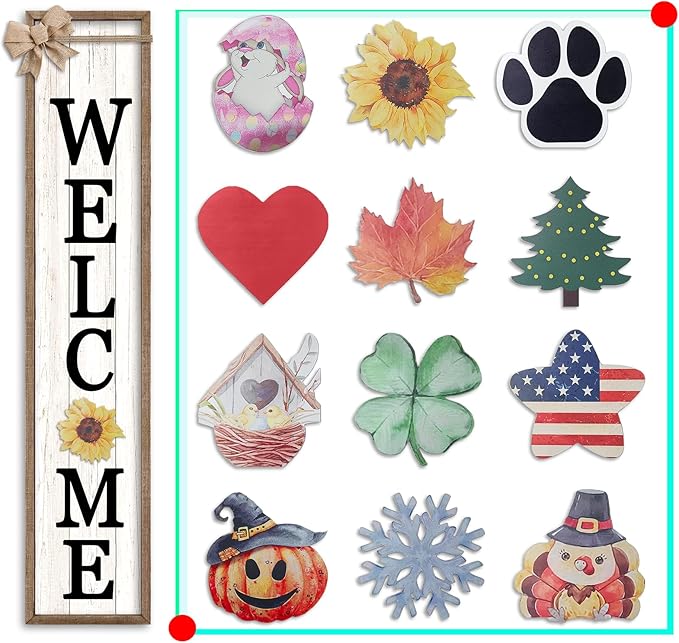 LuZhiQiang Front Porch Welcome Sign for Interchangeable Standing 45"X9" With 12 Pcs Replaceable Icons Wood Frame Signs Outdoor Front Door Decor (Wood White)