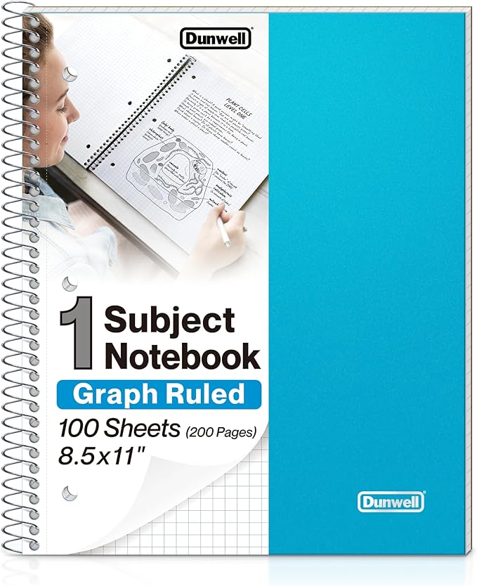 Dunwell Graph Paper Notebook 8.5 x 11 (Blue) Plastic Cover, 100 Sheets (200 Pages), 4x4 Squares, 1 Subject Graph Paper Spiral Notebook, 1/4" Grid, Pocket Divider, Easy Tear-Off, 3-Hole Punched