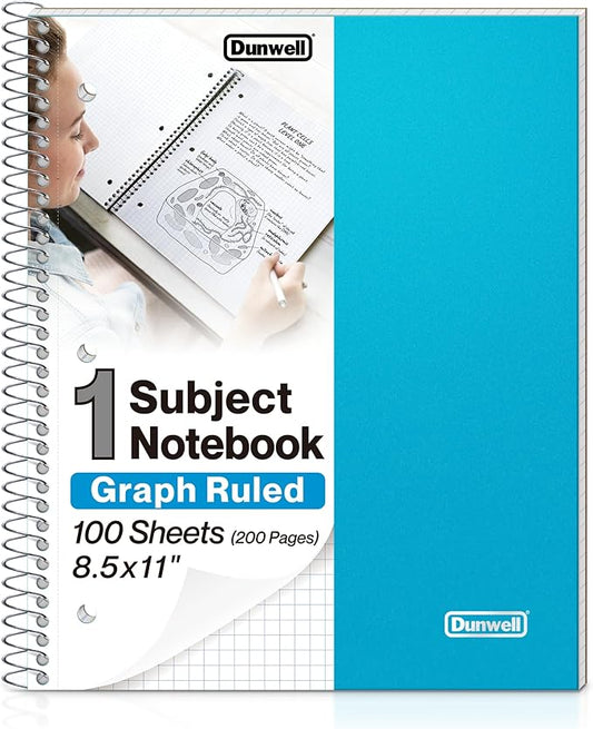 Dunwell Graph Paper Notebook 8.5 x 11 (Blue) Plastic Cover, 100 Sheets (200 Pages), 4x4 Squares, 1 Subject Graph Paper Spiral Notebook, 1/4" Grid, Pocket Divider, Easy Tear-Off, 3-Hole Punched