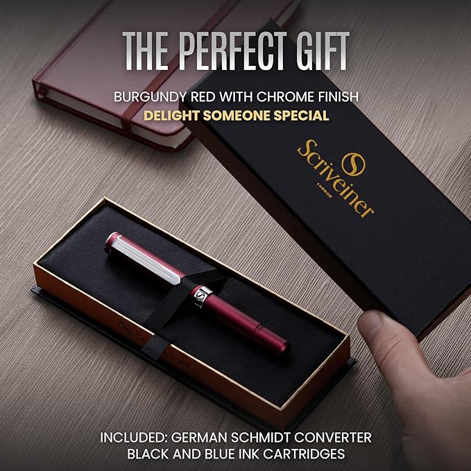 Scriveiner Luxury EDC Fountain Pen (Medium), Matt Red Pocket EDC with Chrome Finish, Schmidt German Nib, Converter, Best Writing Gift Set for Men & Women, Fancy Pen for the Office & Journaling