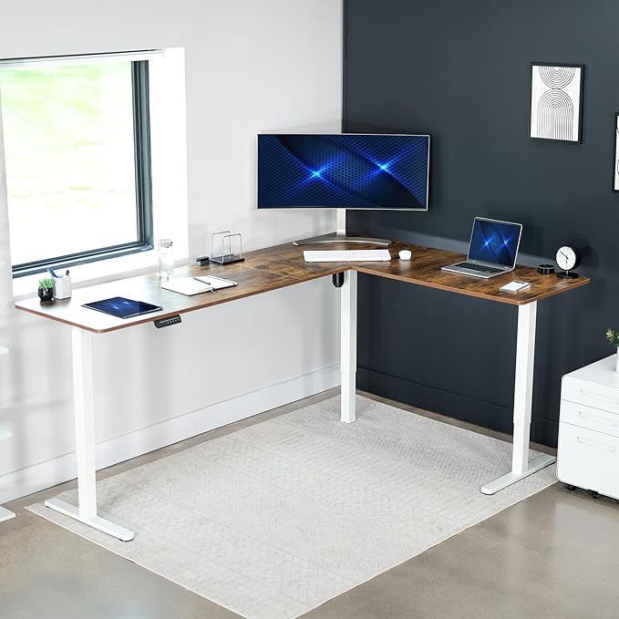 VIVO Electric Corner 84 x 63 inch L-Shaped Standing Desk, Memory Height Adjustment, Rustic Vintage Brown Top White Frame, DESK-E3CTWN-84