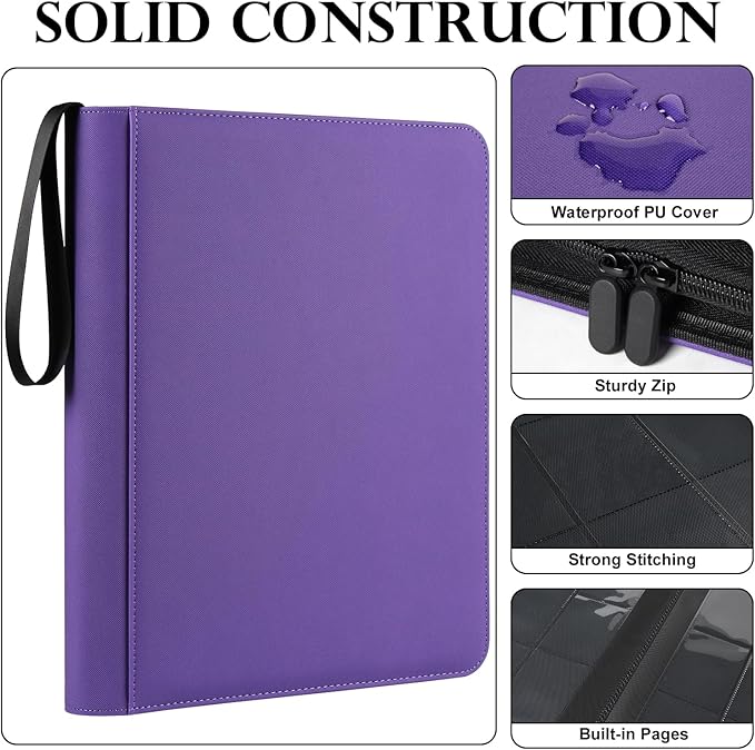 GEAoffice Waterproof Top Loader Binder Holds 324 Cards, Side Loading 9 Pocket Card Binder for Toploader, PU Leather Card Collection Album Folder Holder for 3"×4" Rigid, MTG, TCG, Sports Cards, Purple