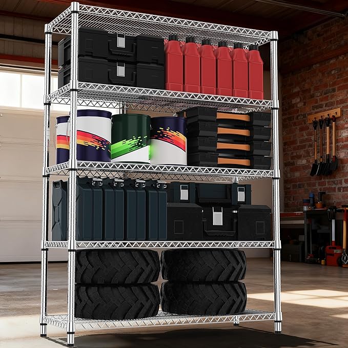 M MZG 5 Tiers Shelf Metal Storage Shelves 3300 lbs Steel Storage Shelving Utility Shelving Unit Steel Organizer Wire Rack for Home,Kitchen,Office,Garage Chrome 17.7" D x 47.2" W x 70.3" H