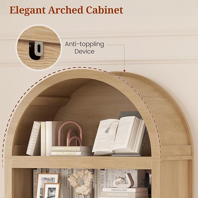 81" Tall Arched Cabinets,Bookcase with storage,Mid-Century Modern 6-Tier Bookshelf with Door,2 Book Risers and Adjustable Shelves offering more storage space for Living Room,Kitchen,Home Office,Oak