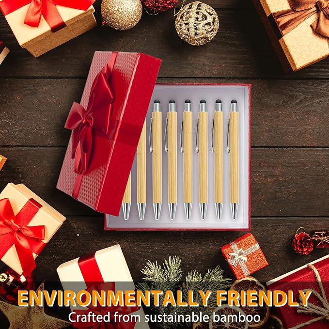 lyforx 250 Pack Bamboo Pens Bulk with Touch Stylus Tip Wooden Bamboo Pens Engraving Wooden Ballpoint Pen Customizable Gift Pen Bulk