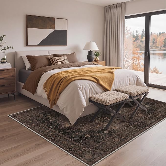 GENIMO 8x10 Area Rugs for Living Room, Machine Washable Rug, Non Slip Indoor Vintage Rug, Low Pile Lightweight Chenille Print Carpet for Bedroom Dining Room Home Office, Charcoal Brown