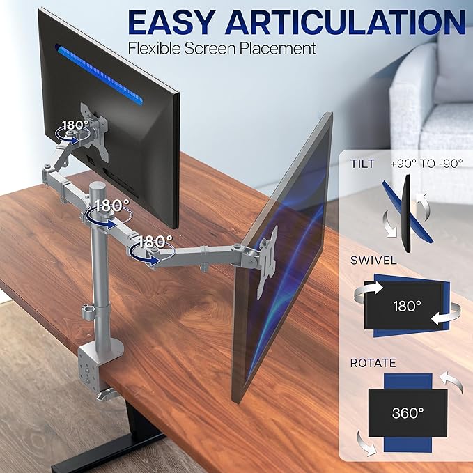 VIVO Dual Monitor Desk Mount, Heavy Duty Fully Adjustable Steel Stand, Holds 2 Computer Screens up to 30 inches and Max 22lbs Each, Gray Color, STAND-V002-GY
