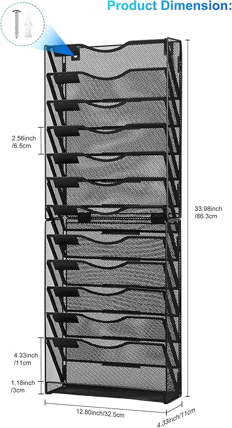 Solinxe 12-Tier Wall File Organizer, Mesh Mail Organizer Wall Mounted Paper Document Holder, Vertical Magazine Rack, Metal Hanging Clipboard Storage Basket for Office Home School Organization, Black