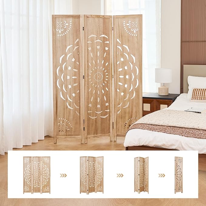 66.9Inch Wooden Room Partition - 3 Panels Boho-Styled Space Room Divider for Home/Office, Headboard & Yoga/Photo/Video Call Backdrop (Natural)