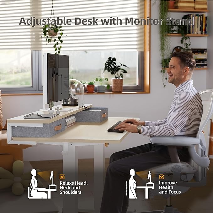 Claiks Electric Standing Desk with 2 Drawers, Adjustable Standing Desks with Storage, Height Adjustable Stand up Desk for Home Office with 2 Hooks,55 Inch Natural