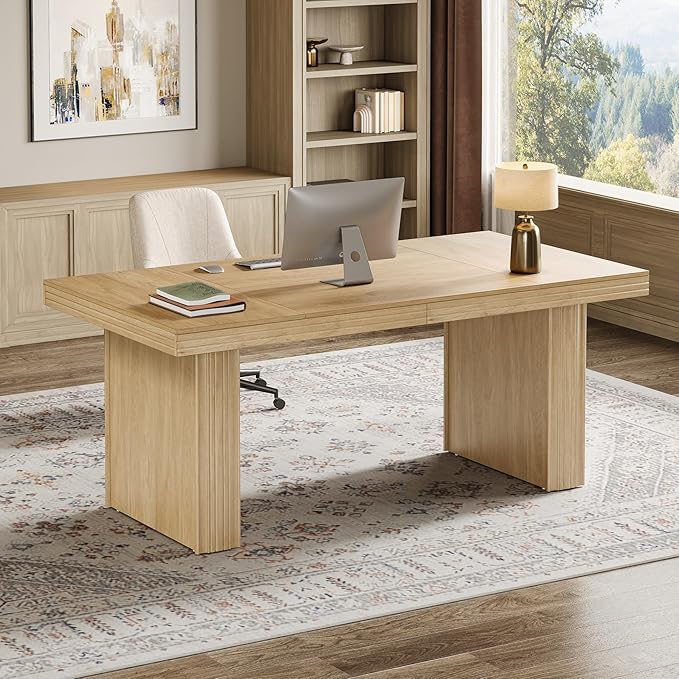 Tribesigns 63" Executive Desk, Modern Executive Office Desk with Thickened Desktop and Heavy-Duty Legs, Wood Writing Workstation Study Table Conference Table for Office, Natural