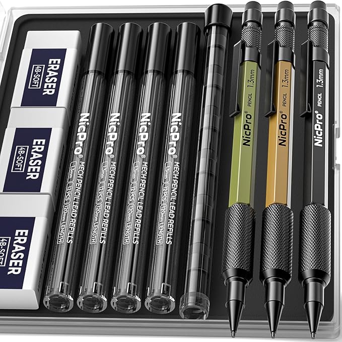 Nicpro 3 PCS 1.3 mm Mechanical Pencil Set 3 Colors with 48 Lead Refill, 3 Eraser - Weatherproof Metal MP2000 Heavy Duty Carpenter Pencil for Outdoor Marking Drafting Drawing Woodworking