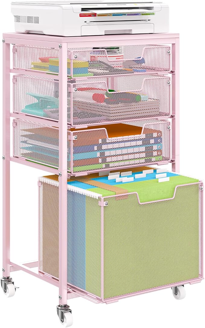 Sbanmao 4 Drawer Rolling File Cart Under Desk Storage, File Cabinets for Home Office, Mobile Filing Cabinet, Hanging File Organizer with Wheels, Utility Cart Printer Stand, Pink (Patent Pending)