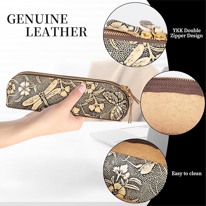 Gexmil Genuine Leather Pen Case, Full Grain Leather Pencil Holder, Hand-made Stationery Bag for Work & Office, Vintage Style, Butterfly Grey
