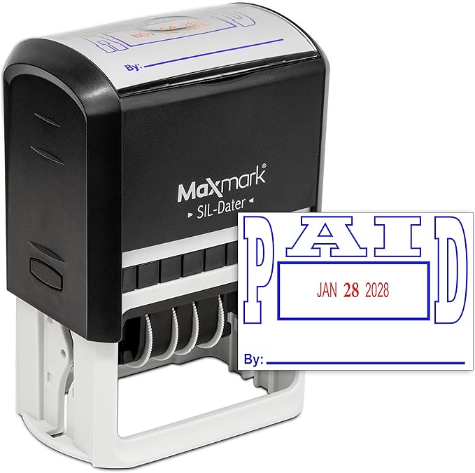 MaxMark Large Self-Inking Rubber Date Office Stamp with Paid Phrase & Date - Blue/Red Ink, 12-Year Band - Style 5