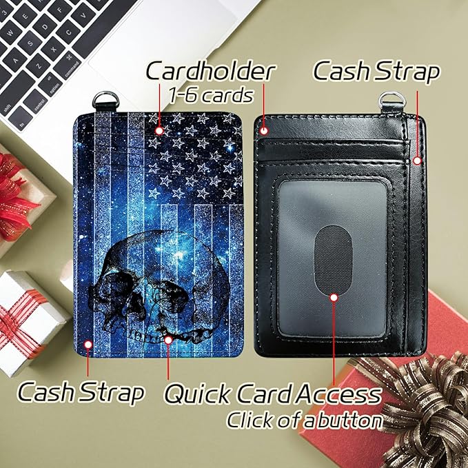 BWEGRHE Small Travel Wallets, Blue Skull Flag Slim Minimalist Front Pocket Wallet with Wristlet, RFID Blocking PU Leather Credit Card Holder with ID Window Change Purse for Men Women