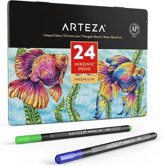 ARTEZA Inkonic Fineliners Fine Point Pens, Set of 24 Fine Tip Markers with Color Numbers, 0.4mm Tips, Ergonomic Barrels, Brilliant Assorted Colors for Coloring, Drawing & Detailing