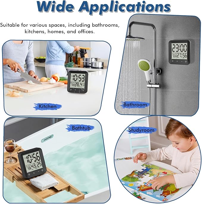 Wisoee Waterproof Shower Clock Timer, Bathroom Clock with Countdown, Touch Screen, Indoor Temperature, Suction Cup, LCD Digital Wall Clock for Bath, Kitchen