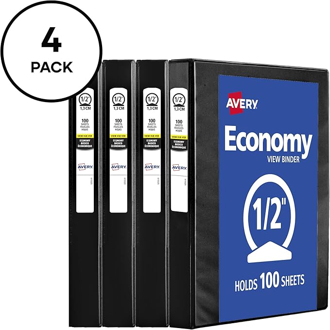 Avery Standard View 3 Ring Binder, 0.5" Round Rings, 100-Sheet Capacity, 0.7 Inch Wide Spine, 1 Black Binder, Ideal for Lightweight Organization and Occasional Referencing (17701)