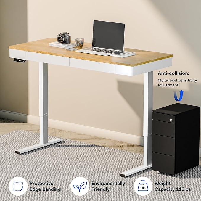 FLEXISPOT Q5 Standing Desk with Drawer, 55 x 24 Inch Whole Piece Electric Adjustable Height Stand Up Computer Workstation for Home, Office, Maple