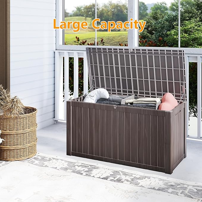 Yardgrace 180 Gallon Outdoor Storage Box Waterproof, Resin Deck Boxes with Lockable Lid & UV-Resistant for Patio, Pool, Garden Furniture Cushions & Accessories, Coffee