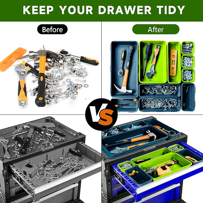 FLYVOLE Tool Box Organizer Tray, Toolbox Desk Drawer Organizer, Tool Box Tray, Toolbox Organization Storage for Rolling Tool Chest (60PCS (Blue+Green))