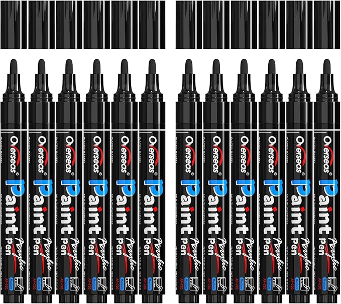 Overseas Black Paint Pens Paint Markers - Permanent Acrylic Markers 12 Pack, Water-Based, Quick Dry, Waterproof Marker Pen for Rock, Wood, Plastic, Metal, Canvas, Glass, Fabric, Mugs. Medium Tip