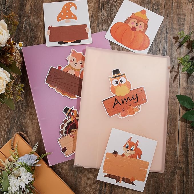 Henoyso 108 Pcs Fall Thanksgiving Themed Name Tags Labels Autumn Classroom Decorations Self Adhesive Baked Food Labels 5.12 x 4.72 Inches Turkey Pumpkin Desk Name Plate Autumn Party Favor