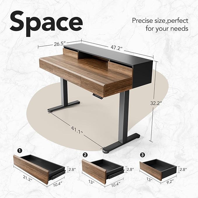 HUANUO Standing Desk with Drawers, 48 Inches Electric Height Adjustable Desk with Storage, Whole-Piece Board Sit Stand Up Desk with Monitor Shelf, Black Walnut