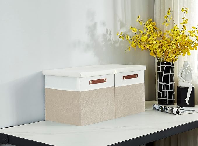 DECOMOMO Storage Basket with Lid, Storage Cubes with Handles, Fabric Box with Lid (Beige and White, 11” / 3 Pack)