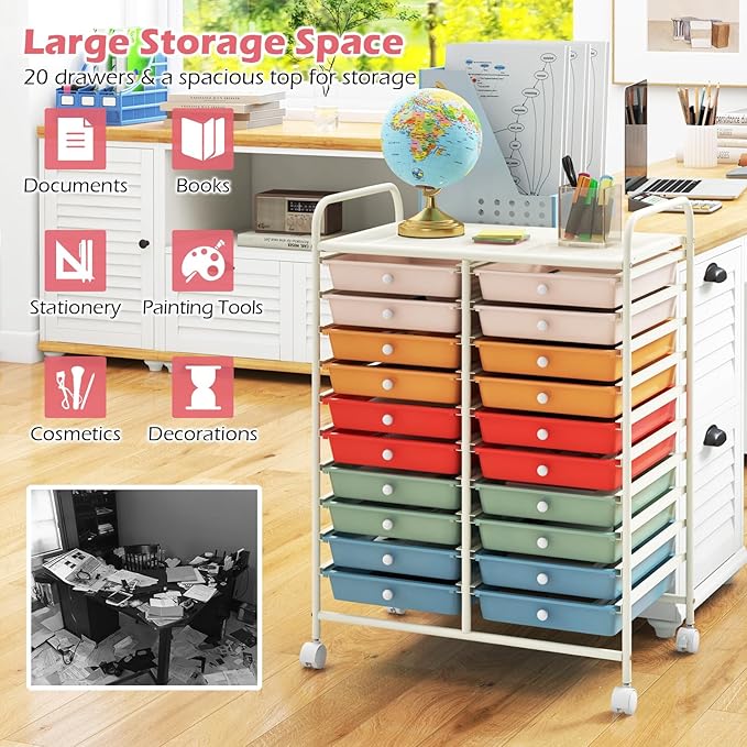 Happygrill 20-Drawer Organizer Cart Tools, Mobile Utility Storage Cart with Removable Drawers & Lockable Wheels, Rolling Storage Cart with wheels for Home Office School (Macaron)