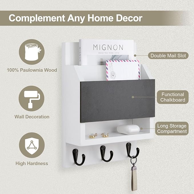 Lucundm Key and Mail Holder for Wall, Key Holder with Chalkboard and Long Storage Box, Key Hanger with 3 Sturdy Hooks for Coat, Dog Leash, Entryway Mail Organizer (White)