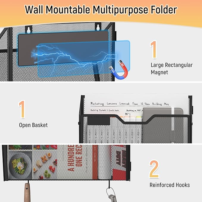 Docnest 6 Pack Magnetic Wall Mounted File Holders,Mesh Letter Organizer with Hooks, Magnetic Hanging Mail Paper Document Organizer for Office, Home, School, Black