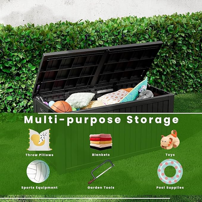 Yardgrace 210 Gallon Outdoor Storage Box - Waterproof Patio Deck Box for Outside Deliveries, All-Weather Resin Bin with Lock for Cushions & Tools, Black