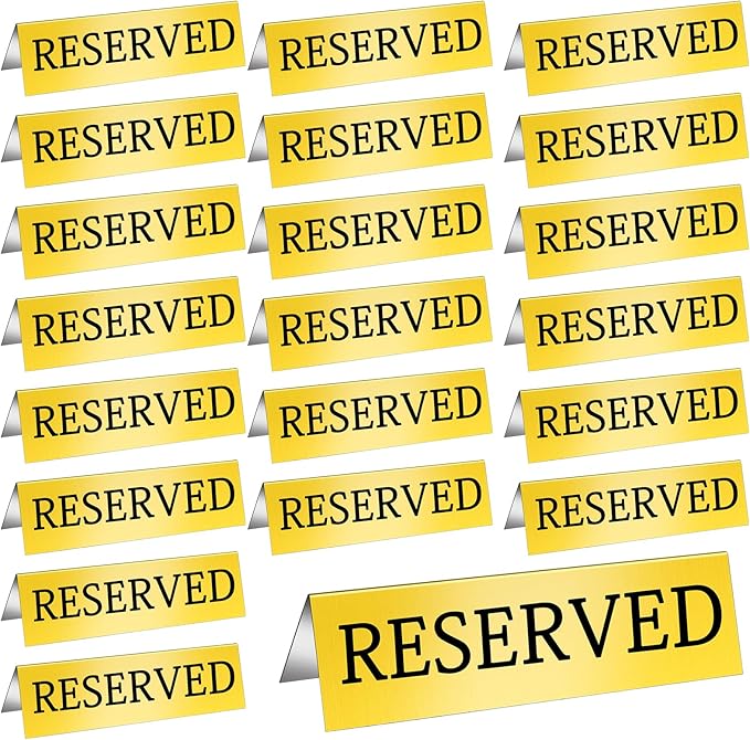 Aemygo 24 Pcs Metal Reserved Table Signs, Golden Table Top Reserved Sign for Restaurants, Double Sided Tent Guest Reservation Table Seat Sign for Wedding, Party, Ceremony, Events(5.91" x 3.15")