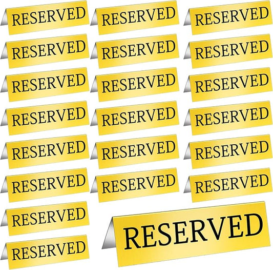 Aemygo 24 Pcs Metal Reserved Table Signs, Golden Table Top Reserved Sign for Restaurants, Double Sided Tent Guest Reservation Table Seat Sign for Wedding, Party, Ceremony, Events(5.91" x 3.15")