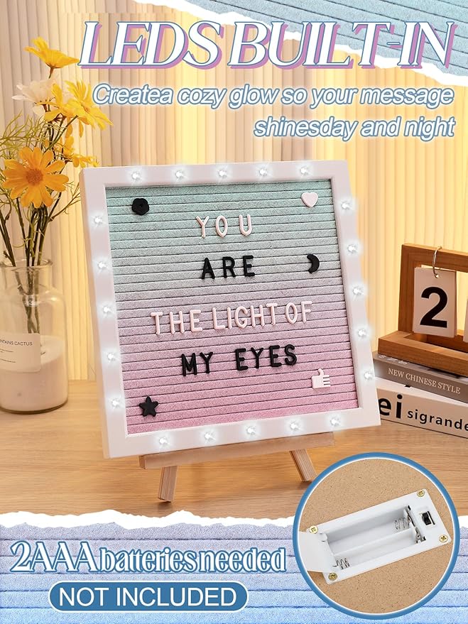 Changeable Felt Letter Board with LED Lights - 10×10" Message Custom Signs & Wood Stand & 450 Letters, Poster Board for Valentine's Day/Baby/Pregnancy Announcement/Classroom Wall Decor Gifts, Gradient