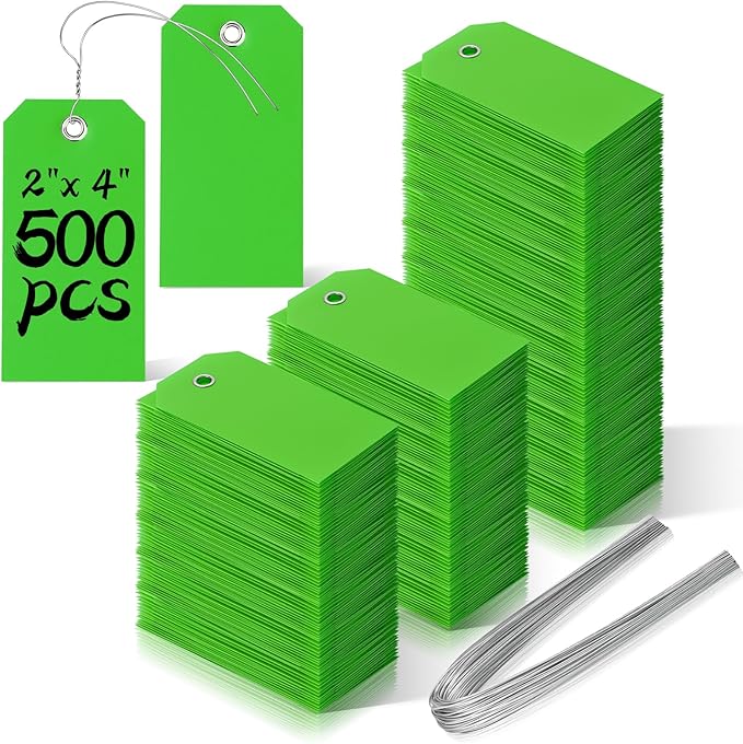 500 Pieces Plastic Shipping Tags with Wire Waterproof Hang Tags Heavy Duty Labeling Tags with String Wires Tags Labels Labeling Tags Stacking Tags for Equipment Car Parts (Green, 2x4)