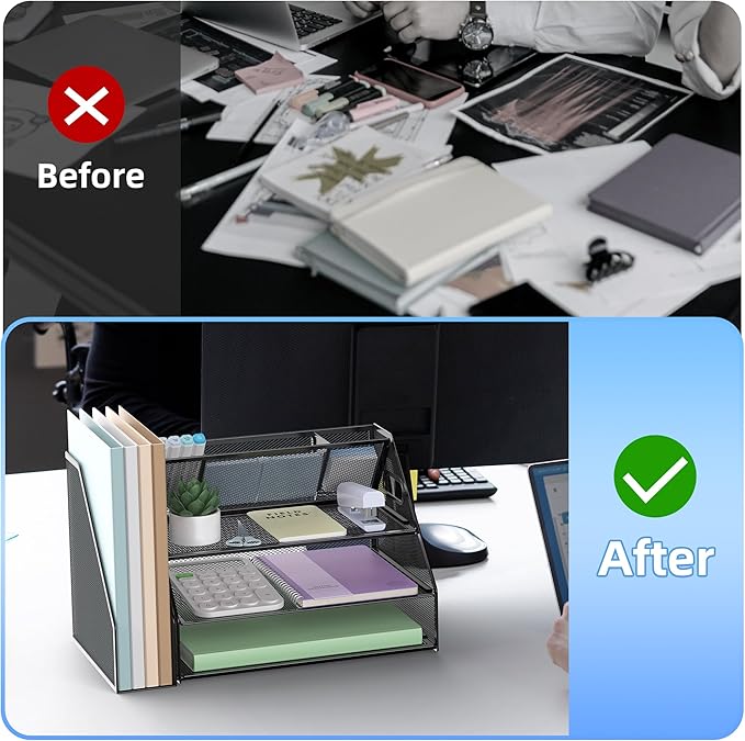 Docnest 3 Tier Metal Mesh Desk Organizer - Letter Tray with Built-in Pen Holder & Handle, Black