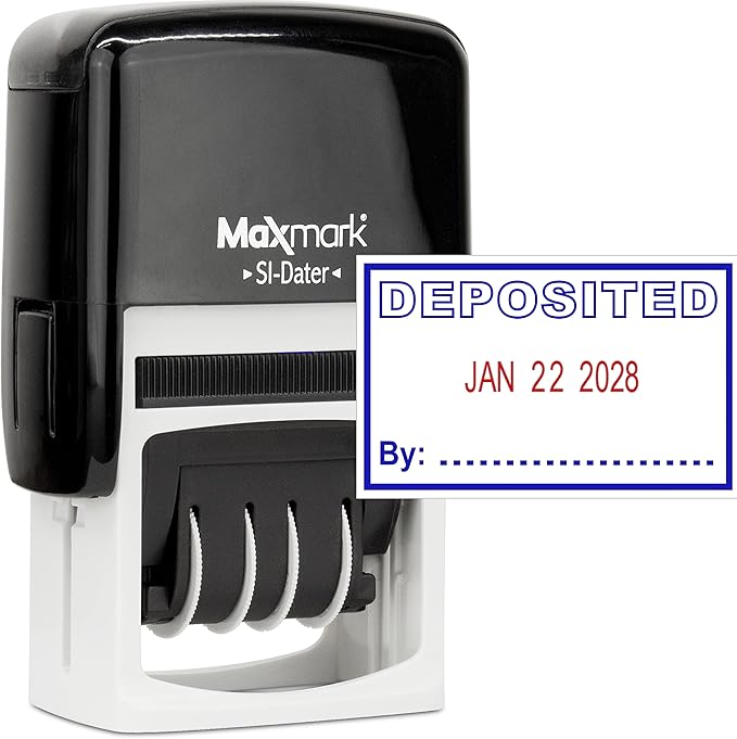 MaxMark Office Self Inking Date Stamp with Phrase Deposited - 2 Color Blue/Red Ink