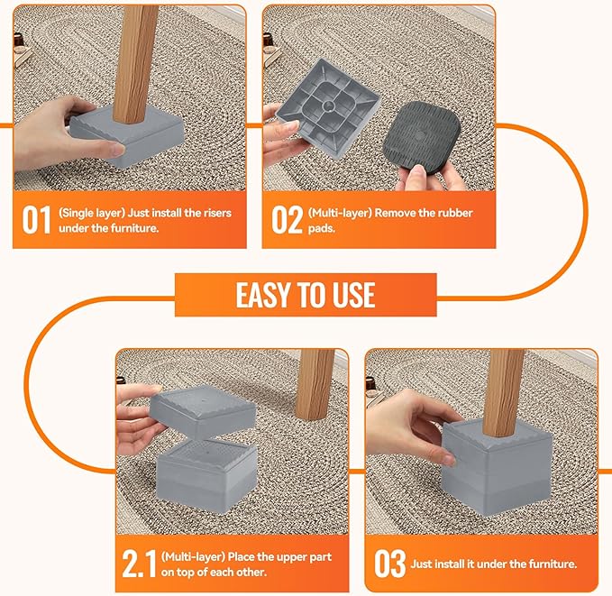shouwuhho Furniture Risers, 4 Pack Bed Risers with Non-Slip Grip and Heavy Duty Support, 1 Inch 2 Inch 3 Inch 4 Inch Height Lift for Couch, Sofa, Table, Desk, Chair, Refrigerator - Gray, 1 Inch