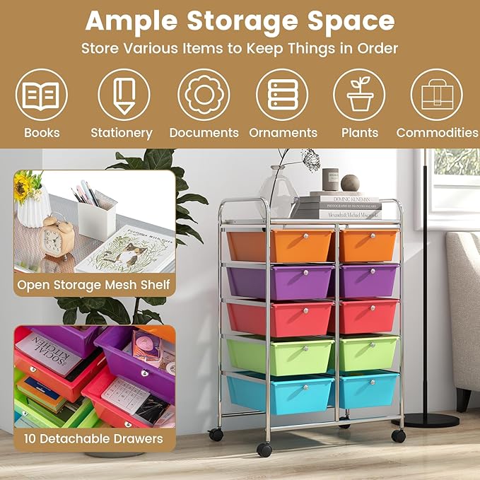 HAPPYGRILL 10-Drawer Rolling Storage Cart, Storage Organizer Cart with Lockable Wheels, Beauty Salon Movable Utility Cart for School, Office, Home, (Colorful)