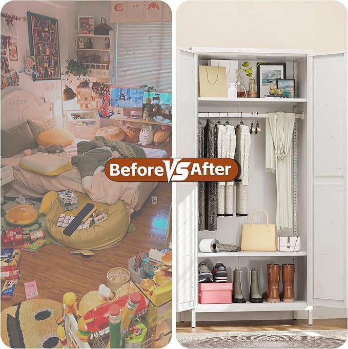 SUPEER Metal Wardrobe Cabinet with Hanging Rod,Metal Wardrobe Closet with Doors and Adjustable Shelves, Armoire Closet Locker for Home,Office,H70.9 X W31.5 X D17.7,Installation Required,White