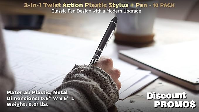 DISCOUNT PROMOS Custom Twist Action Plastic Stylus Pens, Set of 10, Personalized Bulk Pack - Pens for Work, Cool Pens for Writing, Black Ink - Black