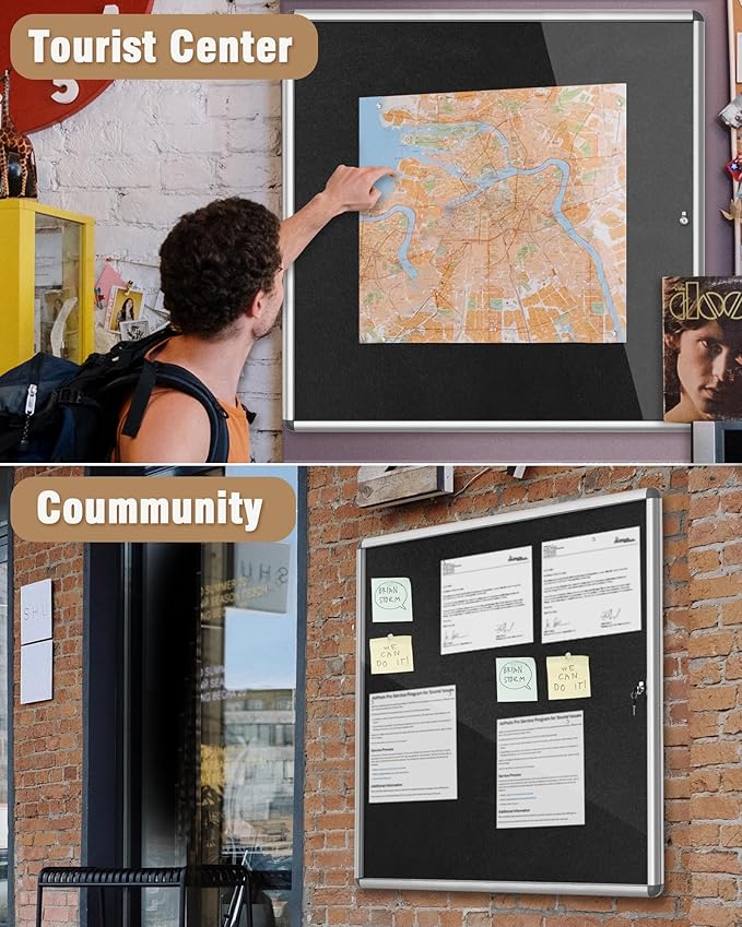 Mifuro 38"x38" Enclosed Bulletin Board, Lockable Weather-Resistant Aluminum Cork Noticeboard for School & Office, Silver Frame w/Black Flet