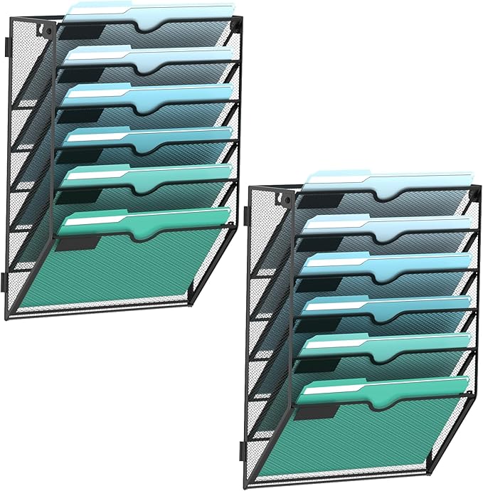 SUPEASY 6-Tier Wall File Organizer, Hanging Wall Files for Papers, Folders, Magazines, Wall Organizer for Clipboard, Assembly Needed, Black, 2 Pack