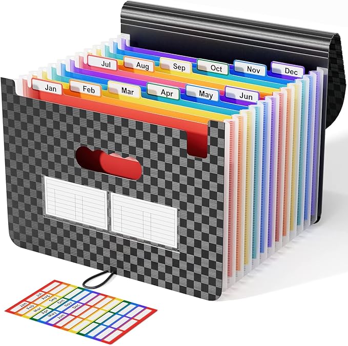 ABC life 12-Pocket Accordion File Organizer, Expandable File Folder with Colorful A-Z Tabs, Portable Bill & Receipt Organizer, Desktop Letter/A4 Document Storage for Home & Office-Black Matt