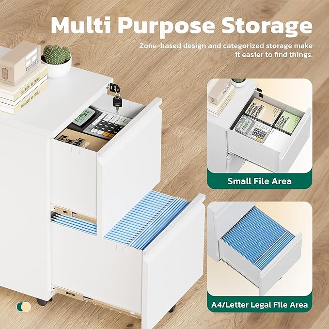 Greenvelly 2 Drawer Mobile File Cabinet with Lock, Metal Filing Cabinet on Wheels, Under Desk File Cabinet for Home Office Organizer Letter/Legal/A4 File (Assembly Required, White)