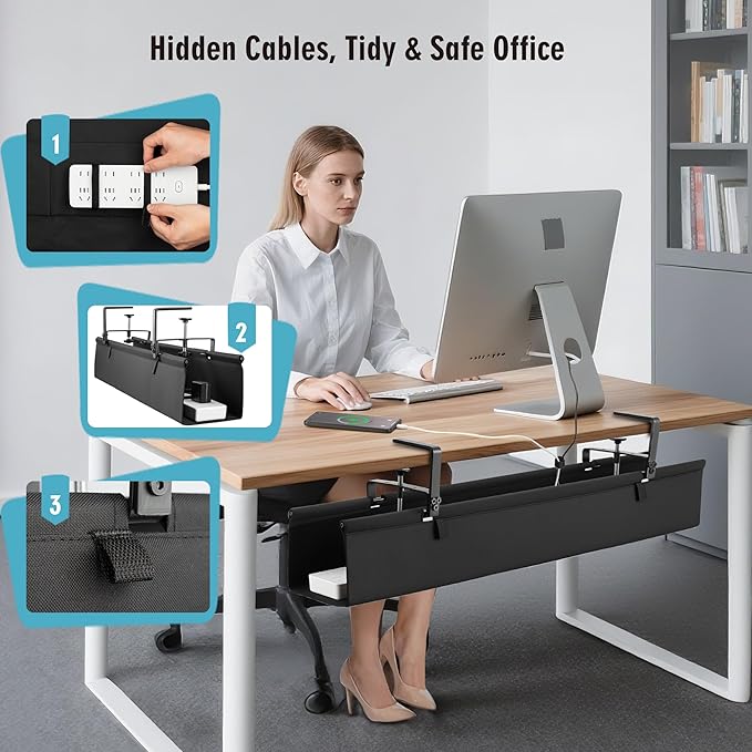 Desk Cable Management Tray, Fabric Cable Organizer, No Drill Large Clamp/Screw Mount Wire Organizer-Support Up to 30lbs, Standing Desk Cable Management for Office Home (Black,48 Inch)